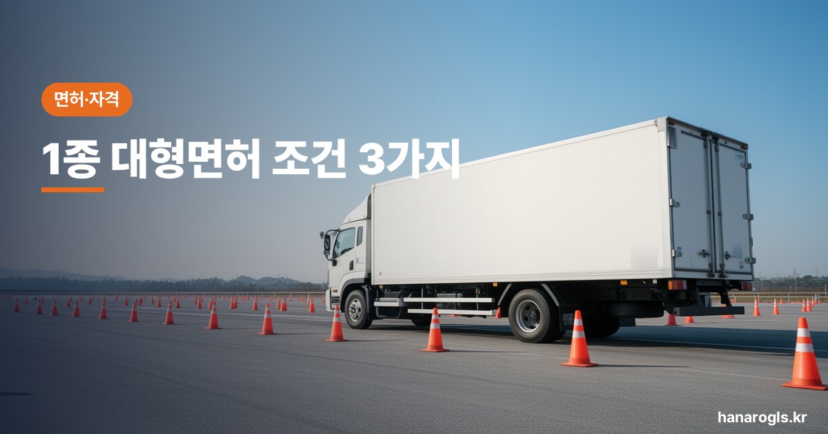 1종 대형면허 조건 3가지 — 만 19세, 보통면허 1년, 적성검사. 기능시험장을 도는 대형 화물차
