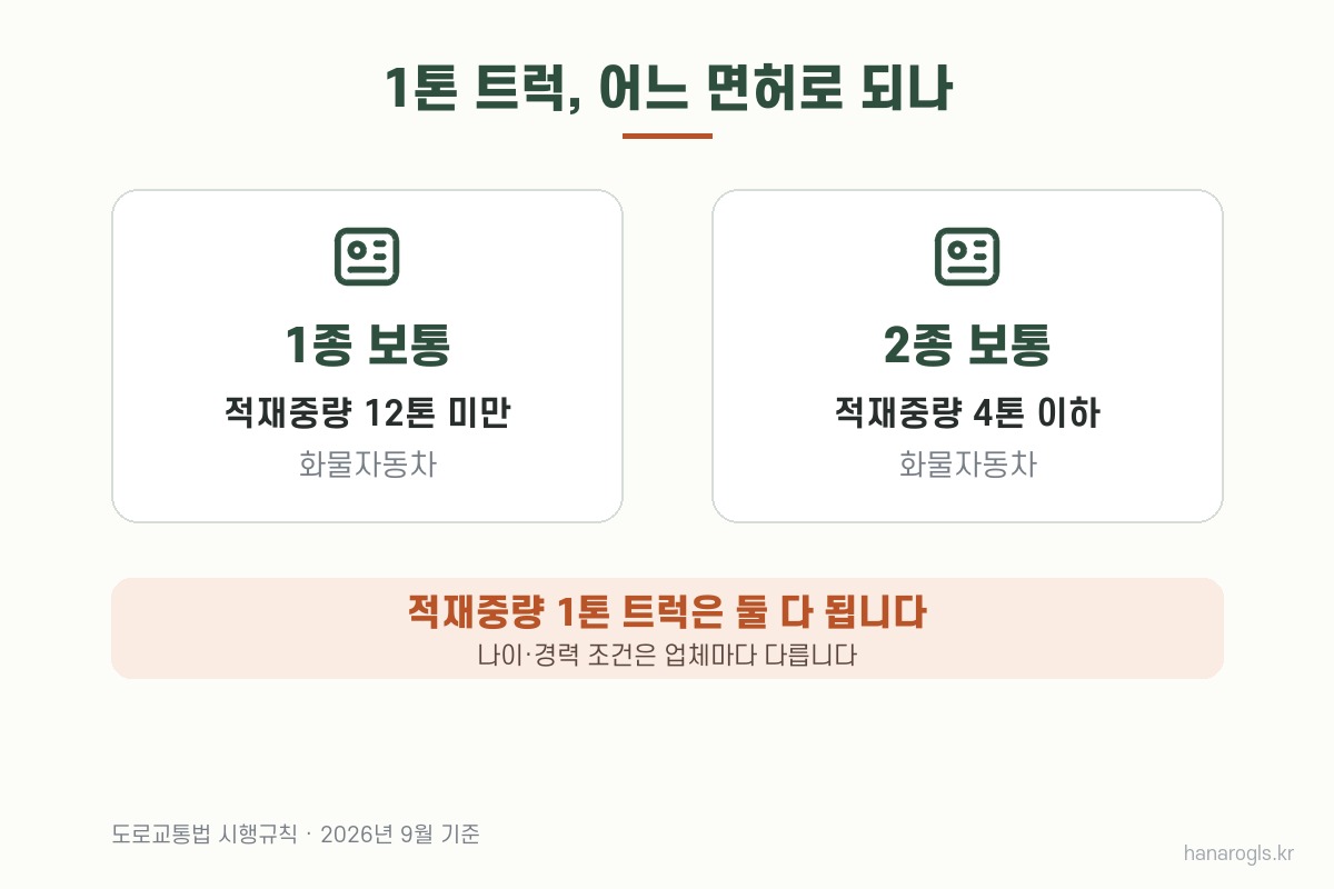 1종 보통은 적재중량 12톤 미만, 2종 보통은 4톤 이하 화물차 — 1톤 트럭은 둘 다 된다