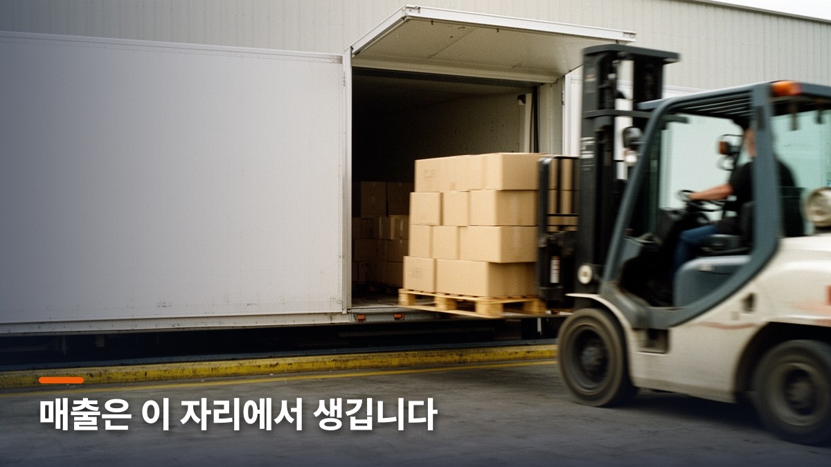 지게차가 파렛트를 화물차 적재함에 밀어 넣는 상차장 장면