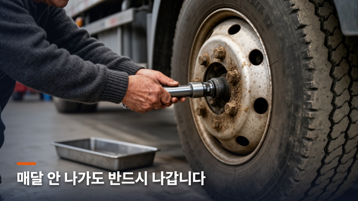 정비소에서 화물차 휠 너트를 조이는 손과 공구 트레이