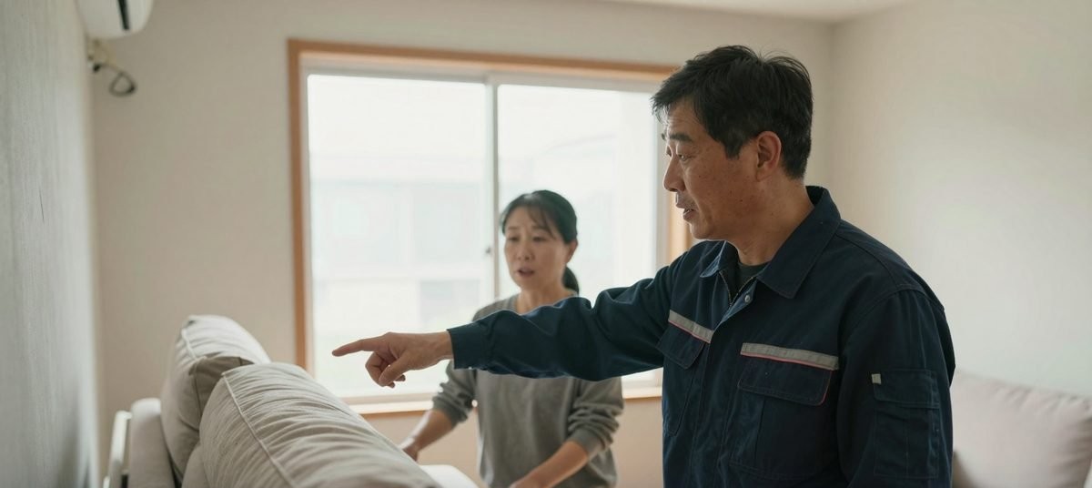거실에서 손님과 가구 놓을 자리를 맞추는 이삿짐 기사