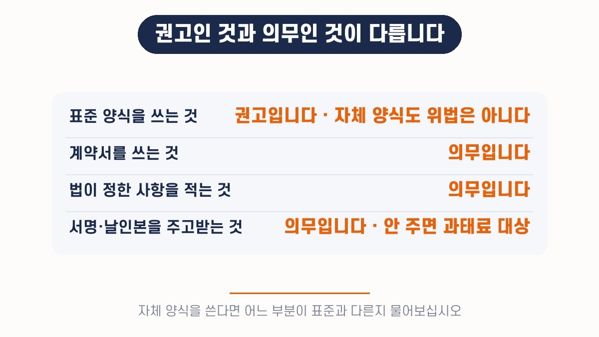 표준 양식을 쓰는 것은 권고이고, 계약서를 쓰고 법이 정한 사항을 적고 서명·날인본을 주고받는 것은 의무입니다