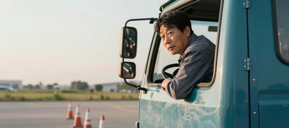 빈 공터에서 뒤를 돌아보며 후진을 연습하는 초보 기사