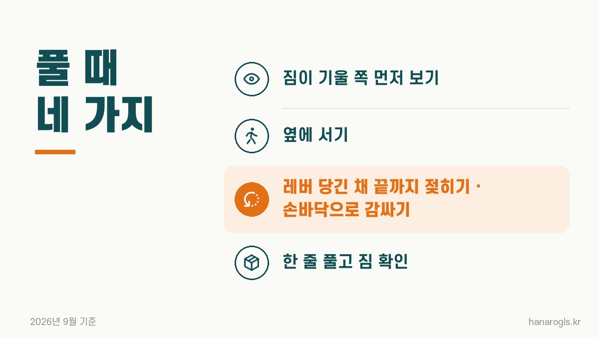 깔깔이 푸는 법 · 옆에 서서, 레버를 당긴 채 끝까지 젖히고, 한 줄 풀 때마다 짐을 확인