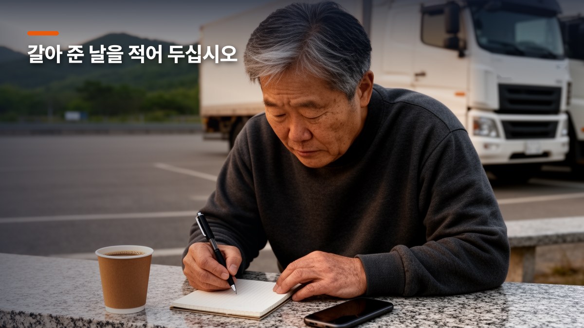 휴게소 돌탁자에서 수첩에 냉각수 교체 날짜를 적는 기사