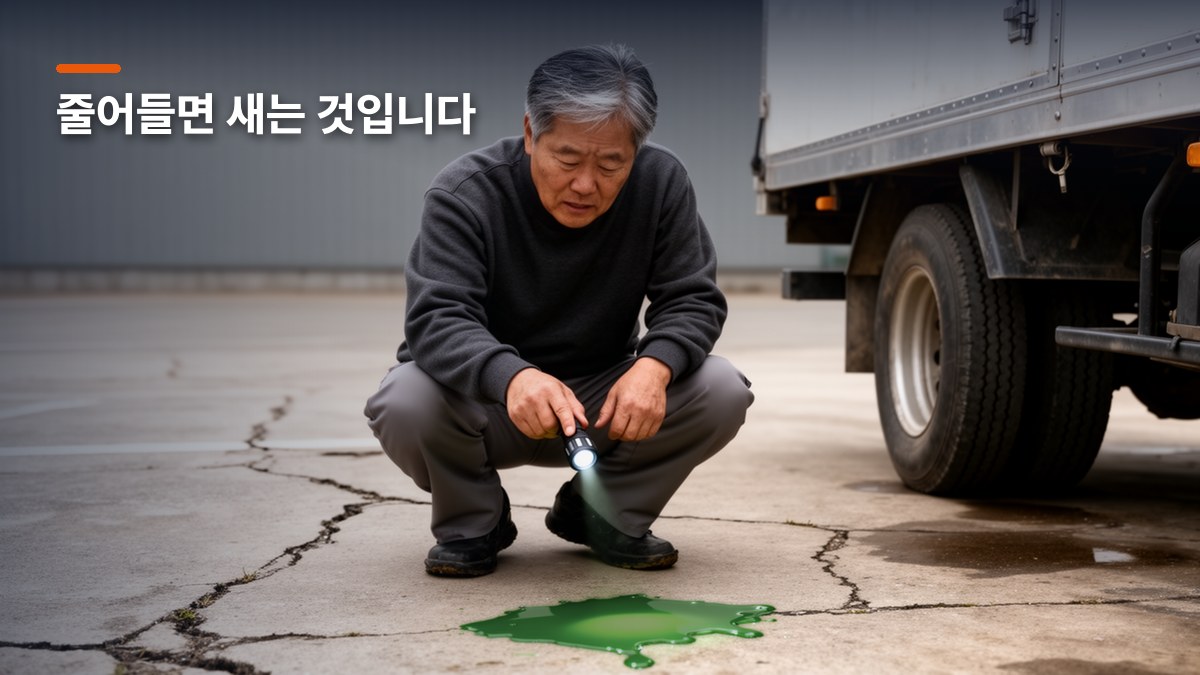 차를 뺀 자리에 남은 초록색 냉각수 자국을 쭈그려 앉아 손전등으로 살펴보는 기사