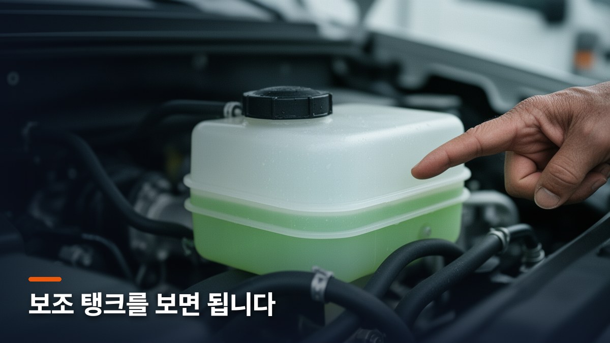 엔진룸 안 냉각수 보조 탱크의 액체 높이를 손가락으로 가리키는 모습