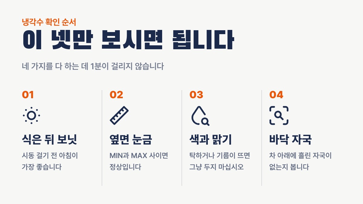 냉각수 확인 순서 4단계: 식은 뒤 보닛 열기, 옆면 눈금 보기, 색과 맑기 보기, 바닥 자국 보기