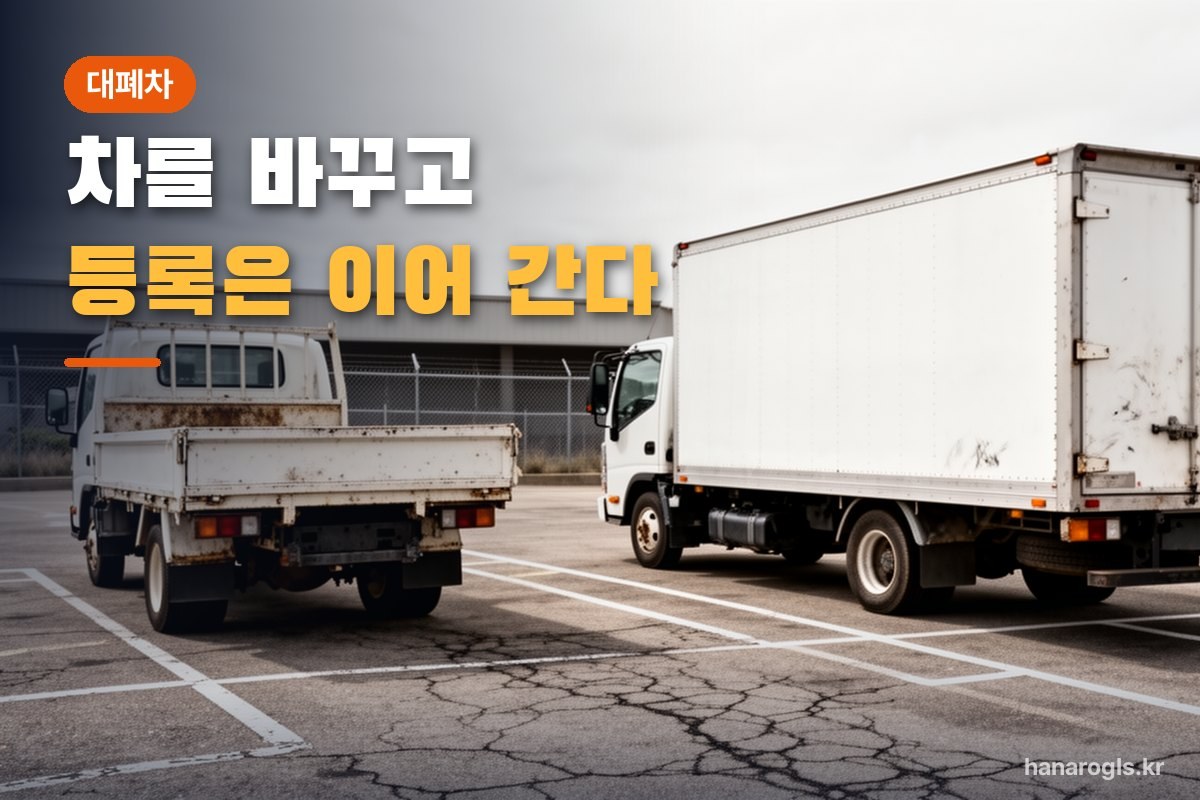 차고지에 나란히 선 1톤 카고와 5톤 탑차 — 차는 바뀌어도 영업용 등록은 이어 간다