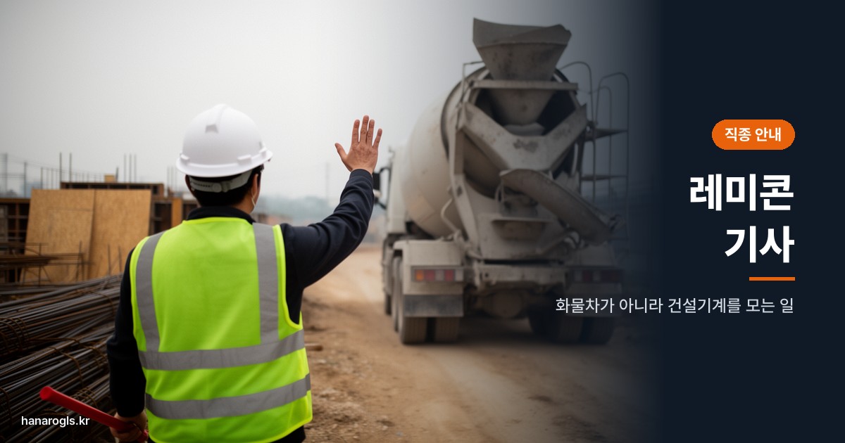 공사 현장 유도자가 뒤로 대는 믹서트럭에 멈춤 신호를 보내는 모습