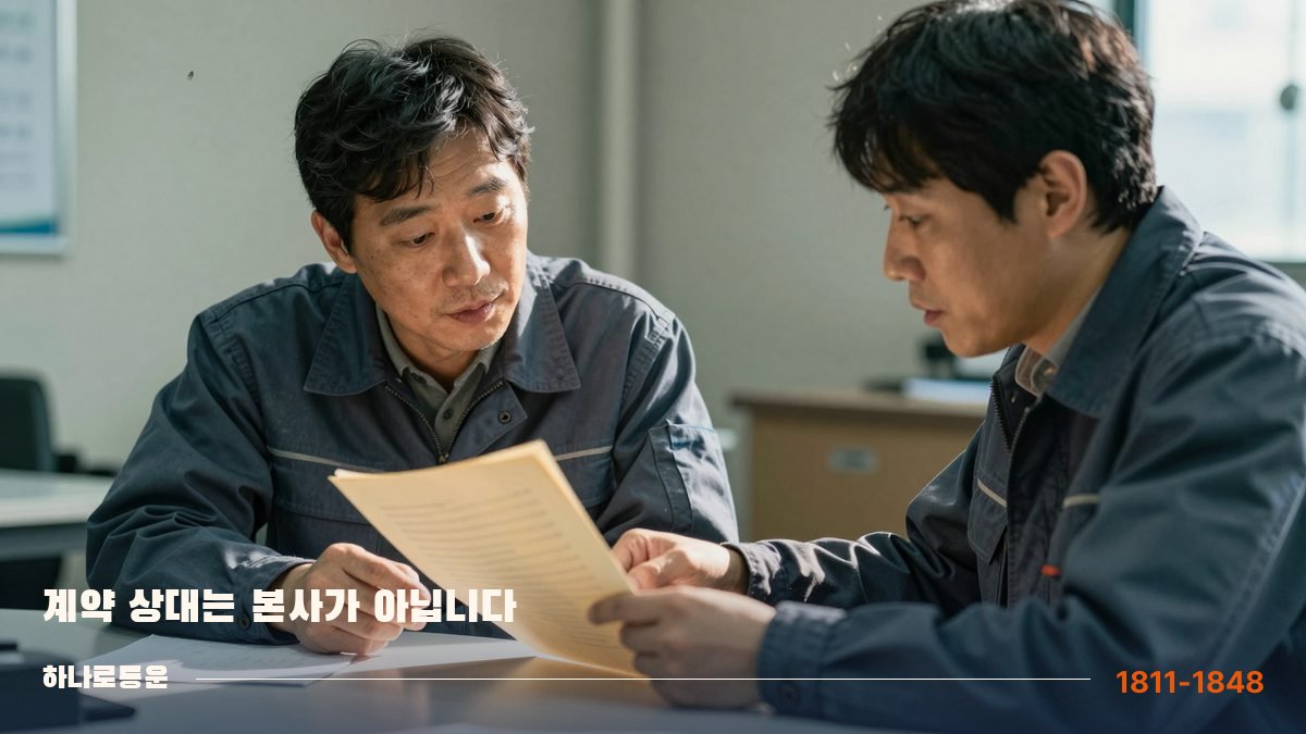 배송 대리점 사무실에서 계약 조건을 짚어 가며 확인하는 기사와 담당자