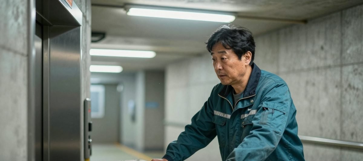 병원 지하 하역장에서 린넨 대차를 화물 승강기로 미는 기사