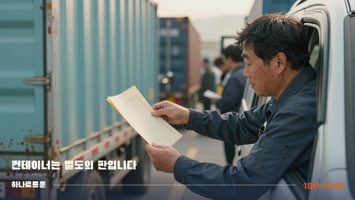 부두 게이트 대기 줄에서 창문을 내리고 반출입 서류를 내미는 기사