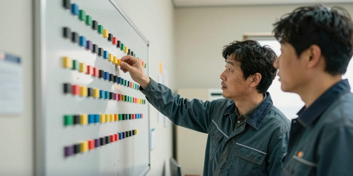사무실 배차판 앞에서 이번 주 일정을 옮겨 붙이며 이야기하는 두 사람