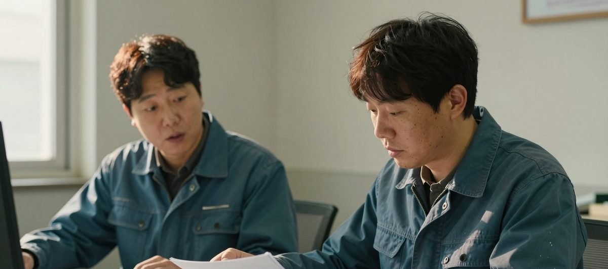 사무실에서 운송 계약 서류를 함께 확인하는 두 사람