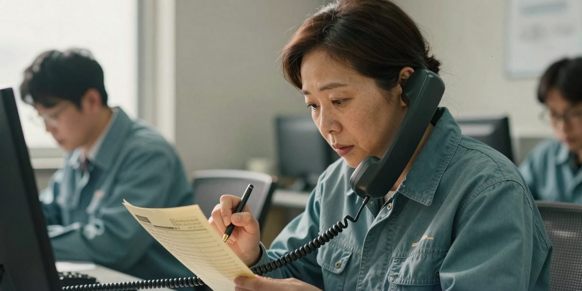 사무실에서 출고 목록을 짚으며 수화기를 낀 채 메모하는 담당자