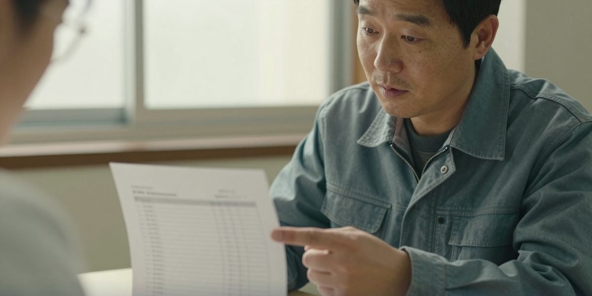 상담 테이블에서 견적서를 짚어 가며 설명을 듣는 40대 남성