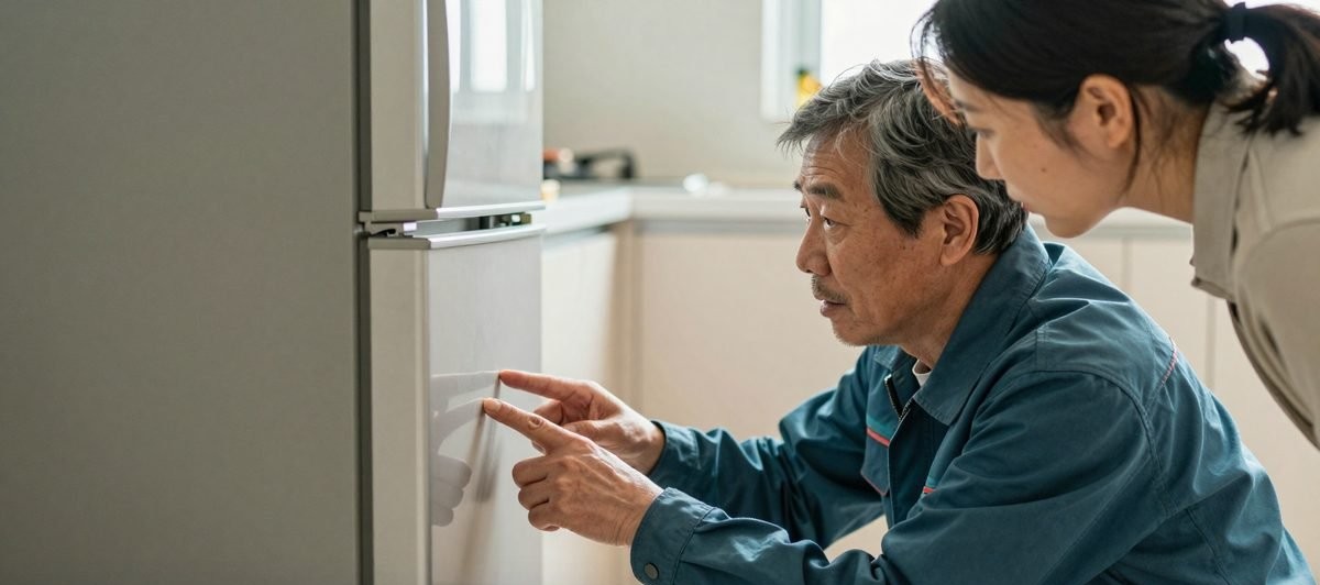상차 전 냉장고 옆면의 기존 흠집을 손님에게 짚어 보여 주는 기사