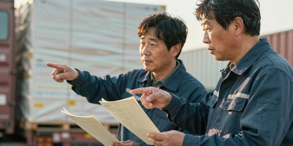 상차지 마당에서 서류를 함께 보며 짐 쪽을 가리키는 기사와 담당자