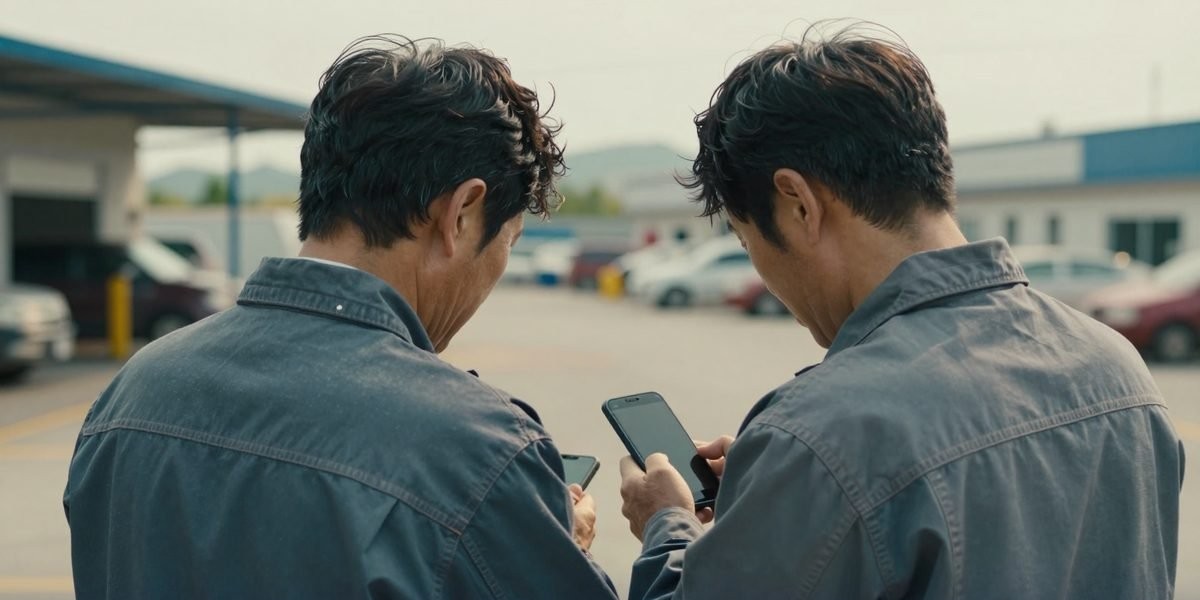 상차지 마당에서 휴대전화로 도착 시간을 함께 맞춰 보는 기사와 담당자