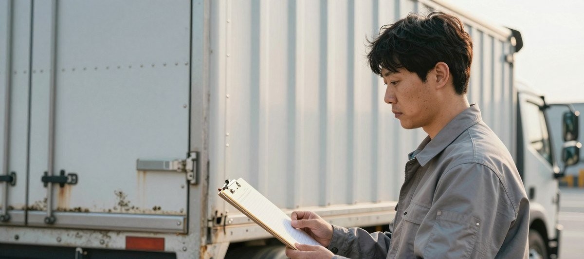 새벽 물류센터 도크 앞에서 배차표를 들고 상차 순서를 기다리는 5톤 기사