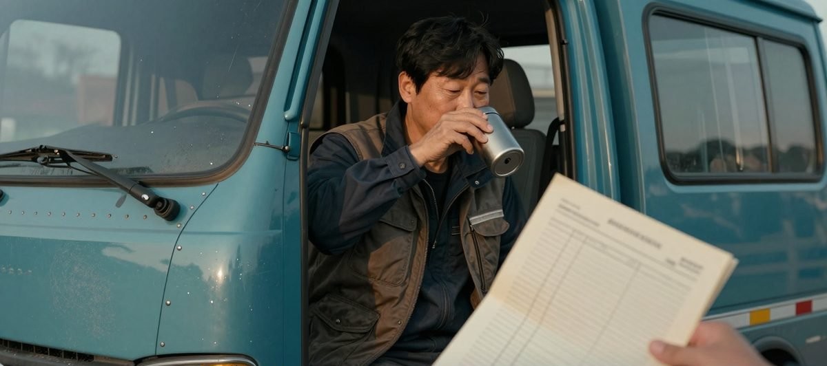 새벽 출발 전 운전석에서 보온병 커피를 마시며 노선표를 보는 기사