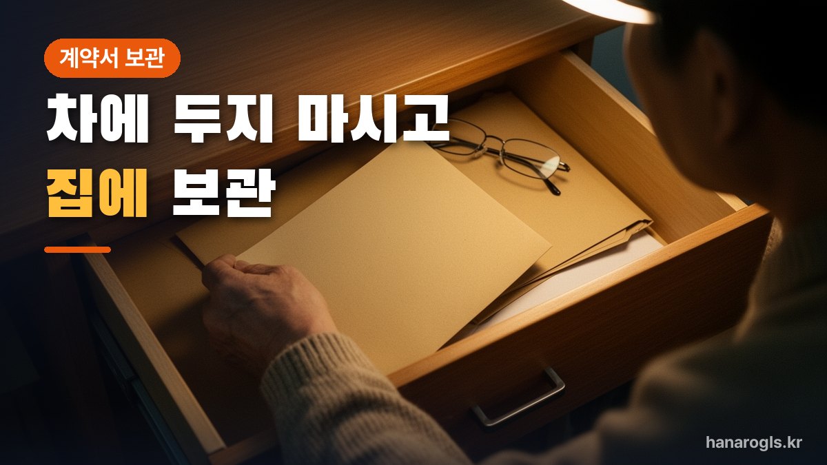 집 서랍에 계약서 봉투를 넣는 손 — 받은 계약서는 차가 아니라 집에 두십시오