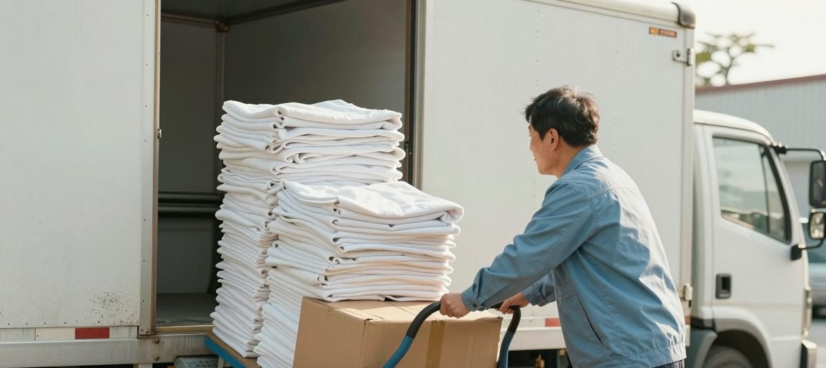 세탁공장 앞에서 깨끗한 린넨을 탑차에 밀어 올리는 기사