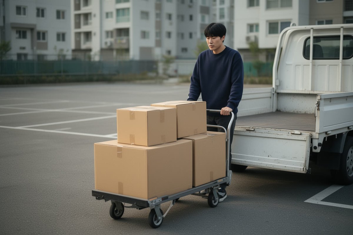 손수레에 이삿짐 상자를 싣고 1톤 트럭 뒷문 앞까지 옮긴 모습