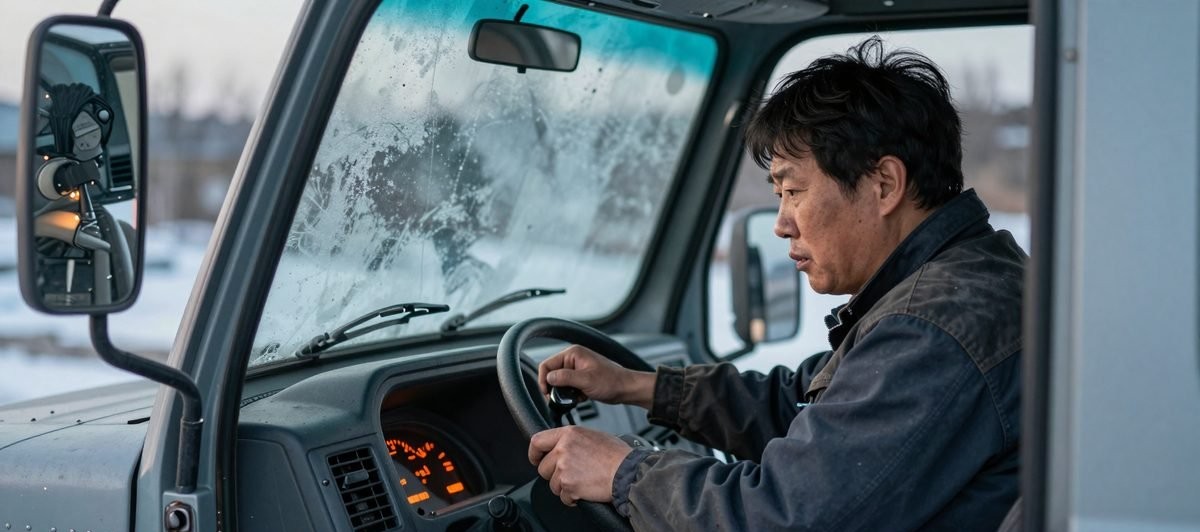 시동이 걸리지 않아 경고등만 들어온 겨울 새벽 화물차 운전석