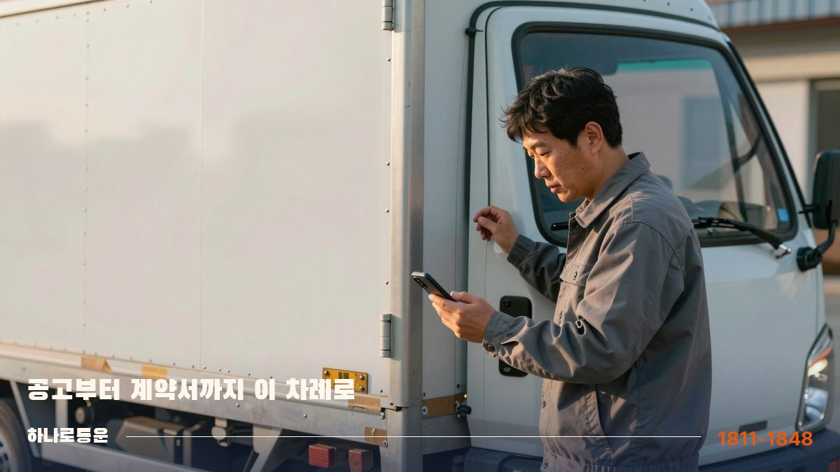 아침 캠프 마당에서 배송 앱을 확인하며 출발 준비를 하는 1톤 기사