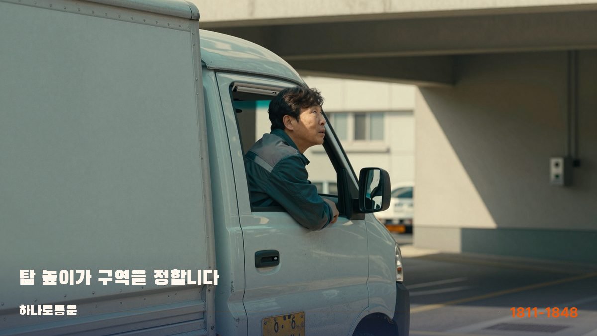 아파트 지하주차장 입구에서 높이 제한을 올려다보는 배송기사