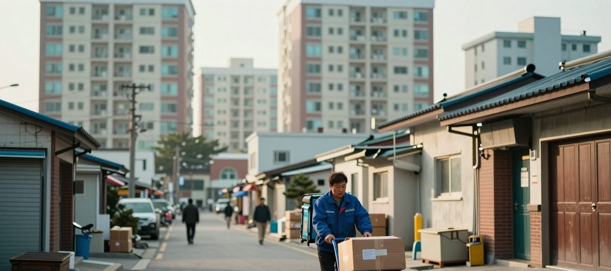 아파트와 골목 상가가 섞인 배송 구역을 도는 택배 기사