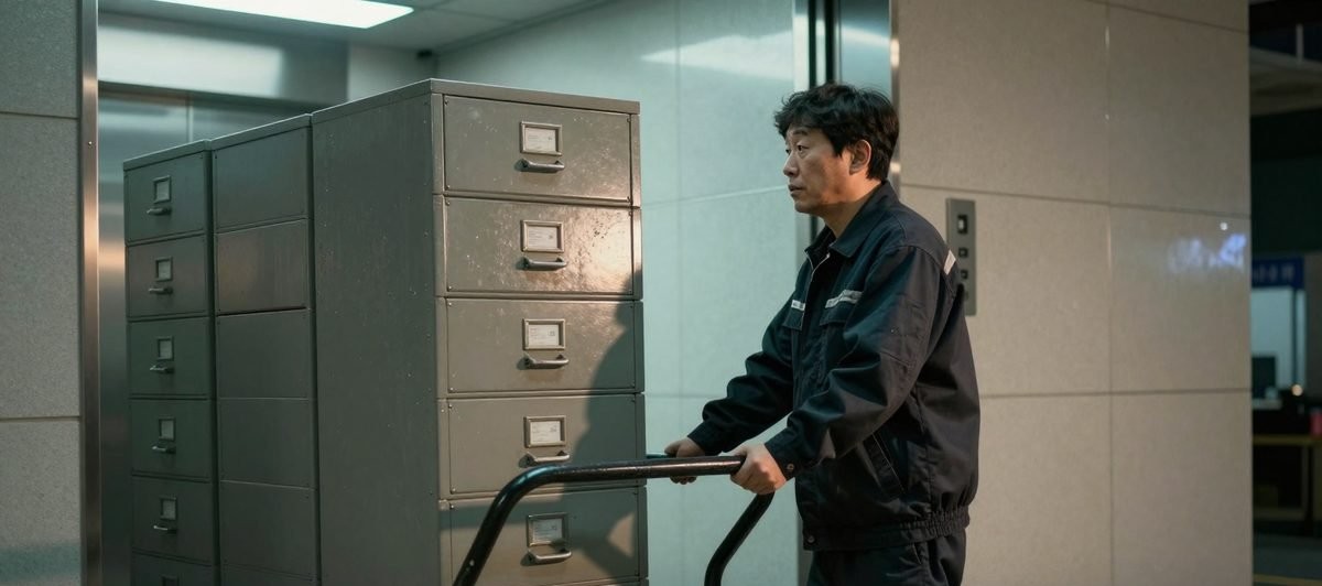 야간 사무실 이전 현장에서 서류함을 대차에 싣고 승강기 앞에 선 기사