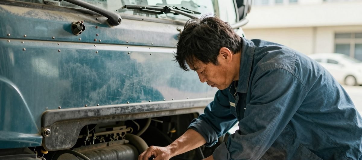 엔진룸을 열고 배터리 단자를 헝겊으로 닦아 확인하는 기사