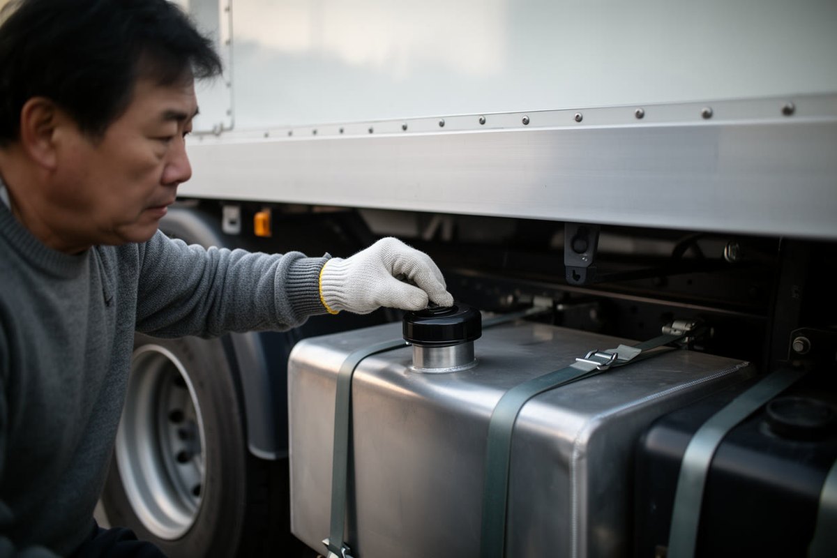 주유를 마친 뒤 트럭 연료탱크 캡을 돌려 닫는 손