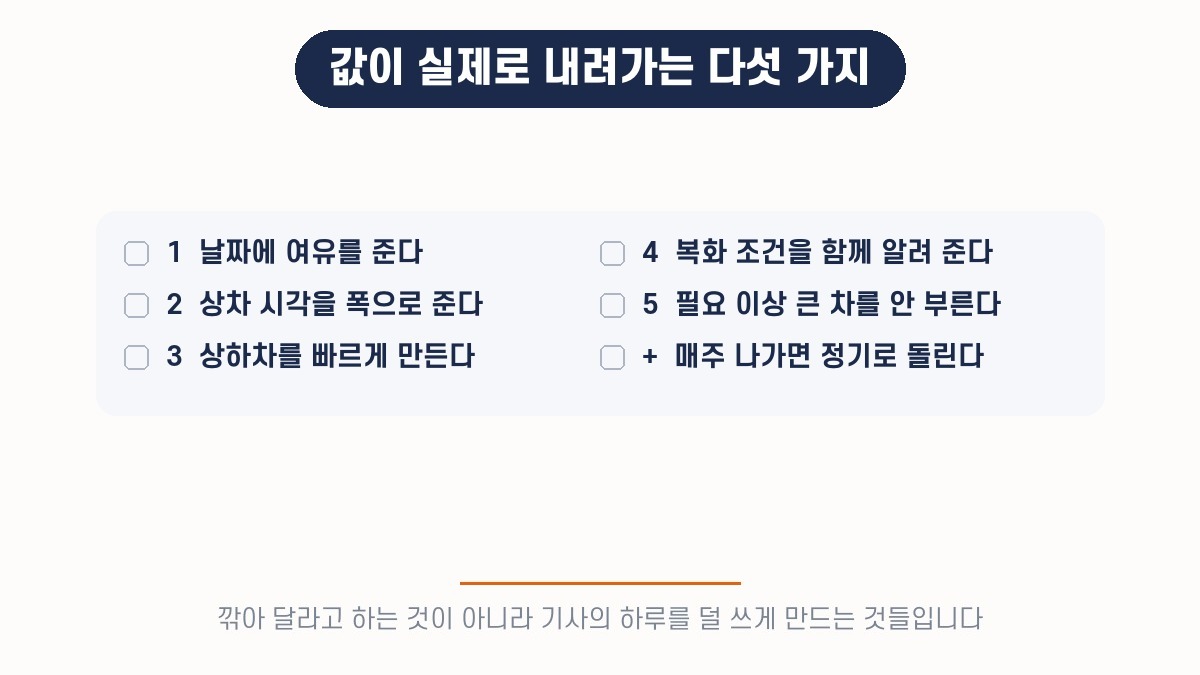 용차비를 정당하게 낮추는 다섯 가지 — 날짜 여유, 상차 시각 폭, 빠른 상하차, 복화 조건, 맞는 차종