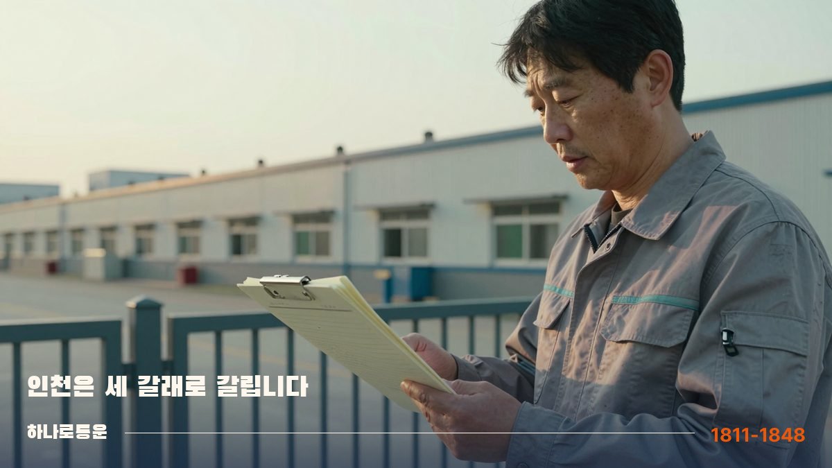 이른 아침 공단 정문 앞에서 배차표를 확인하는 화물차 기사