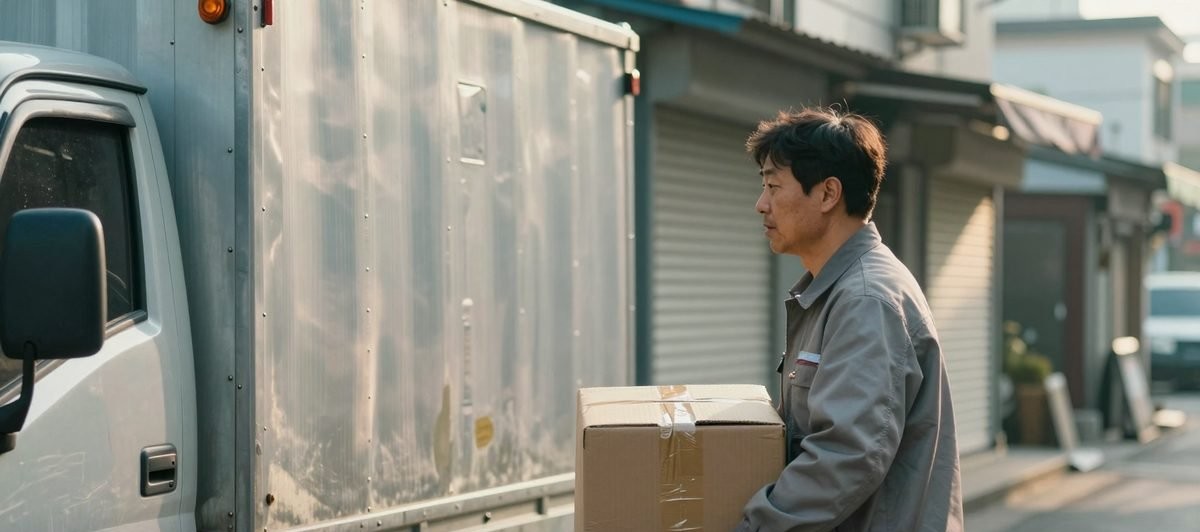 이른 아침 서울 이면도로에서 짐을 내리는 1톤 탑차 기사