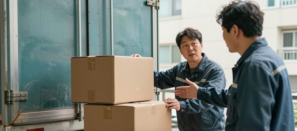 이사 현장에서 짐 싣는 순서를 손짓으로 맞추는 기사와 작업자
