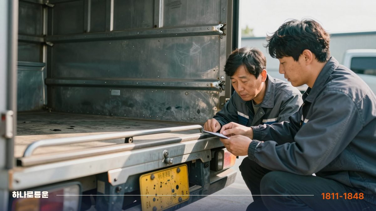 중고 윙바디 짐칸 바닥과 옆문 상태를 함께 살펴보는 예비 차주와 담당자