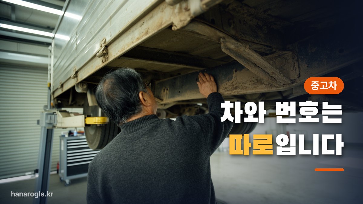 정비소 리프트에 올린 중고 화물차 하부를 살펴보는 모습 — 서류와 함께 눈으로도 보셔야 합니다