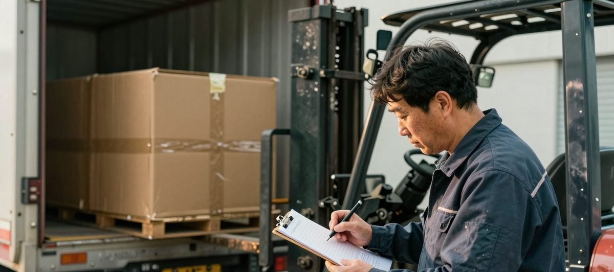 지게차가 파렛트를 싣는 동안 서류에 서명하는 기사