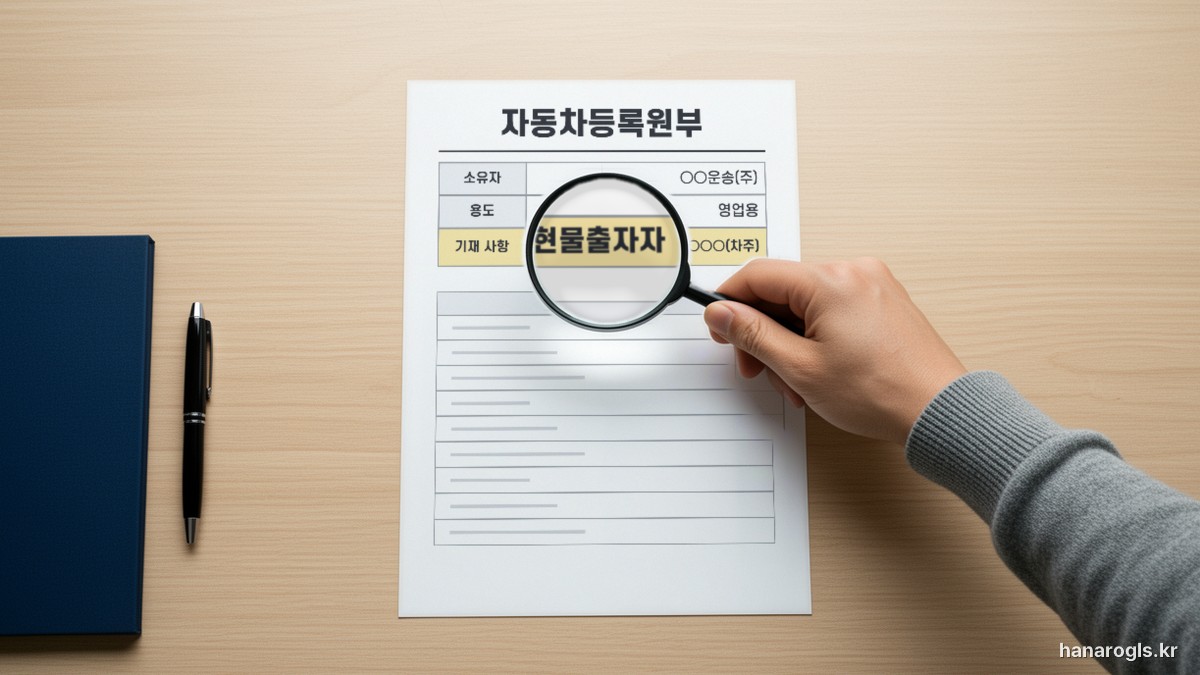 자동차등록원부의 현물출자자 칸을 돋보기로 확인하는 손