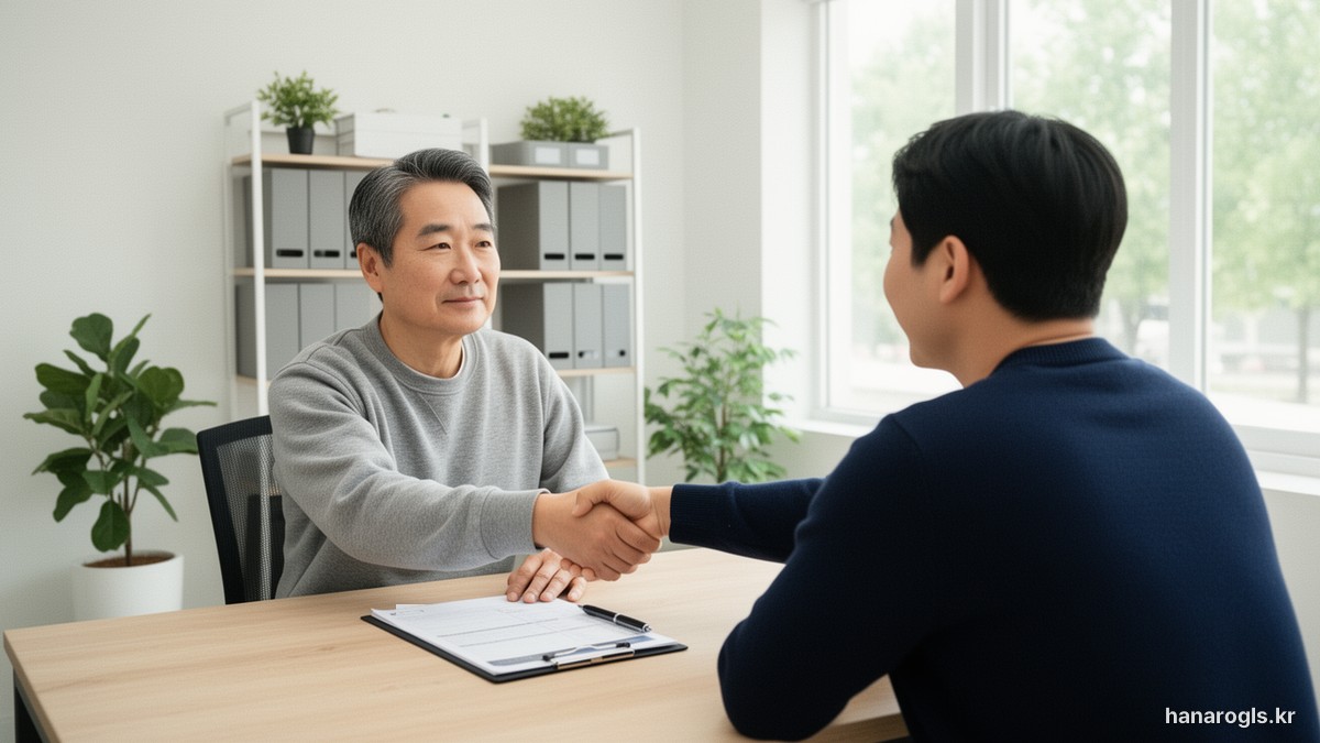 운송회사 사무실에서 새 회사 담당자와 악수하는 기사