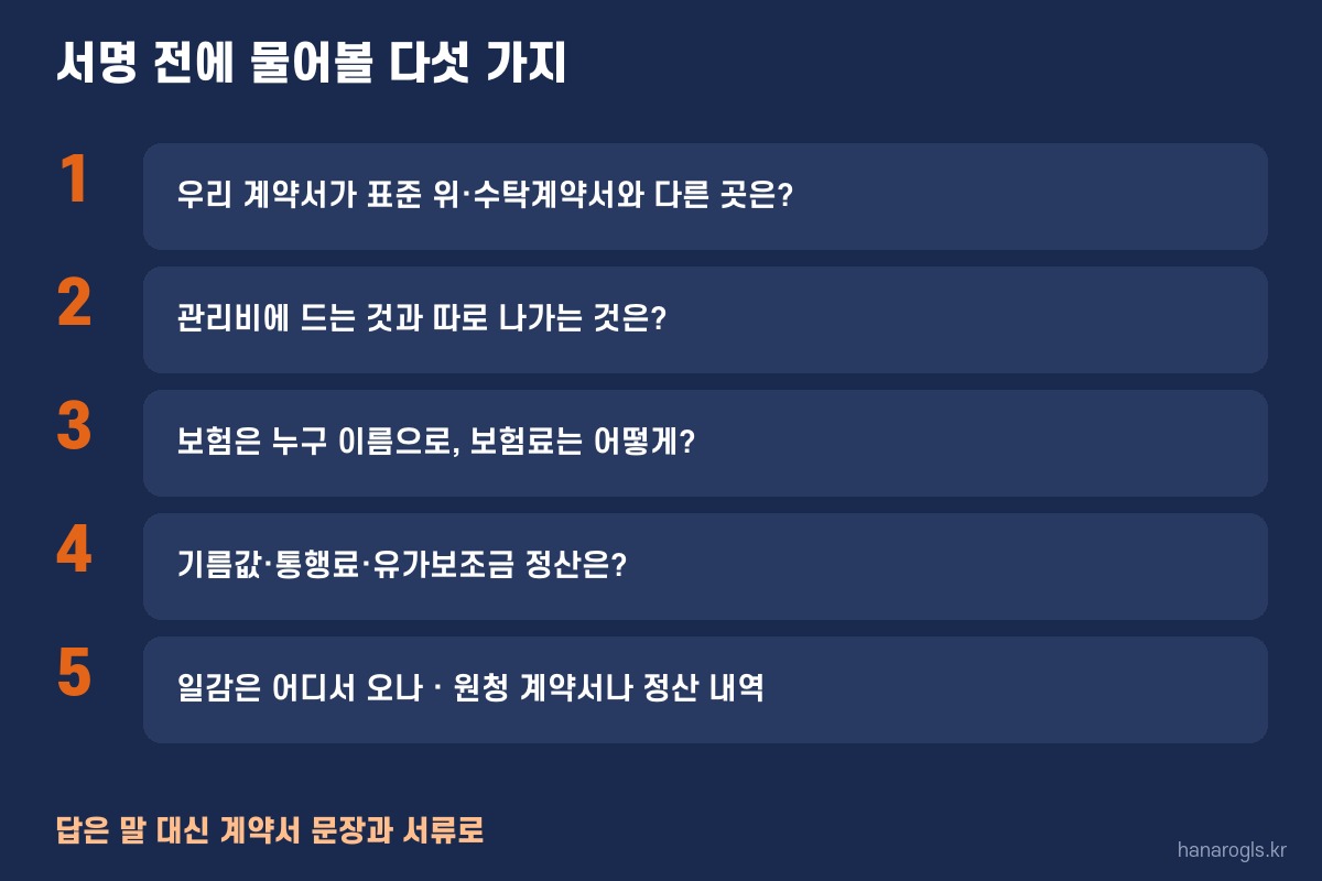 지입 계약서에 서명하기 전 물어볼 다섯 가지 · 표준 양식과 다른 곳, 관리비, 보험, 기름값 정산, 일감