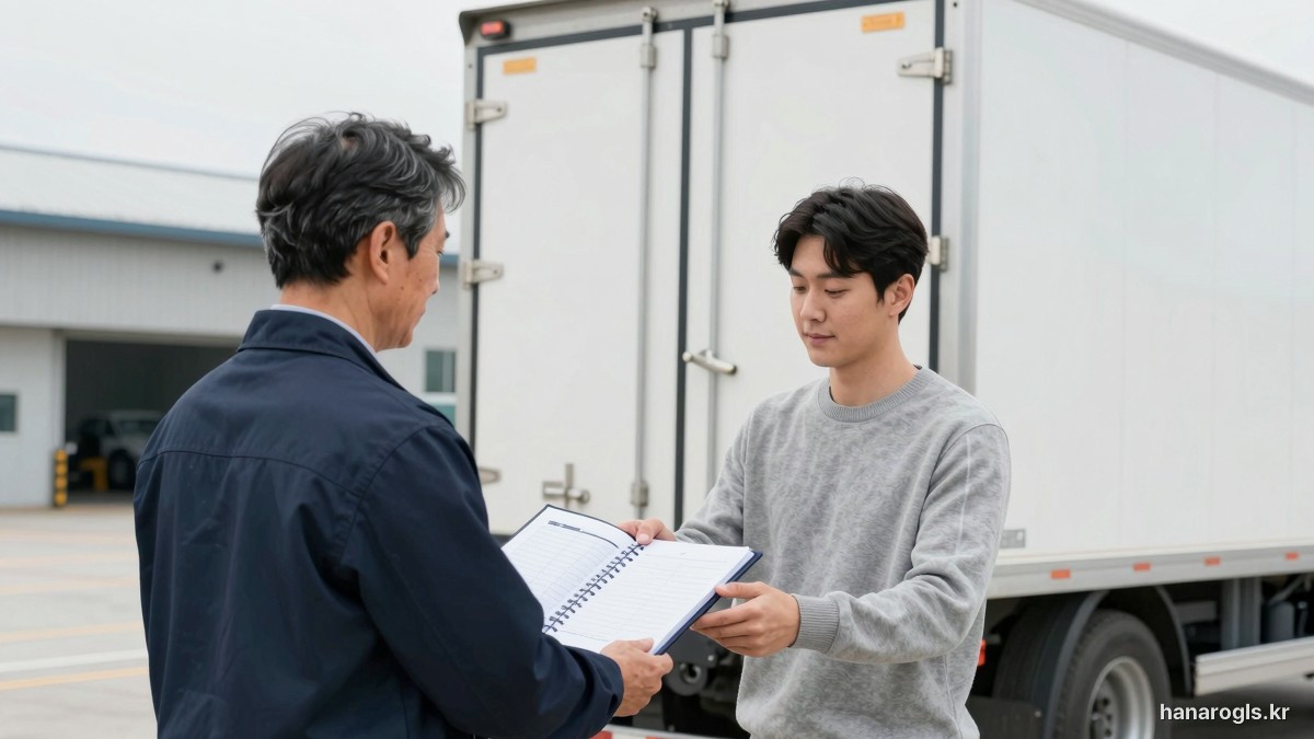 화물차 옆에서 운행일지와 노선표를 함께 넘겨 보며 인수인계하는 두 사람