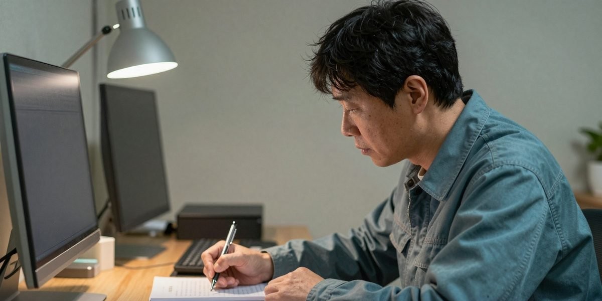책상에서 화물운송종사 자격시험 문제집을 푸는 중년 남성