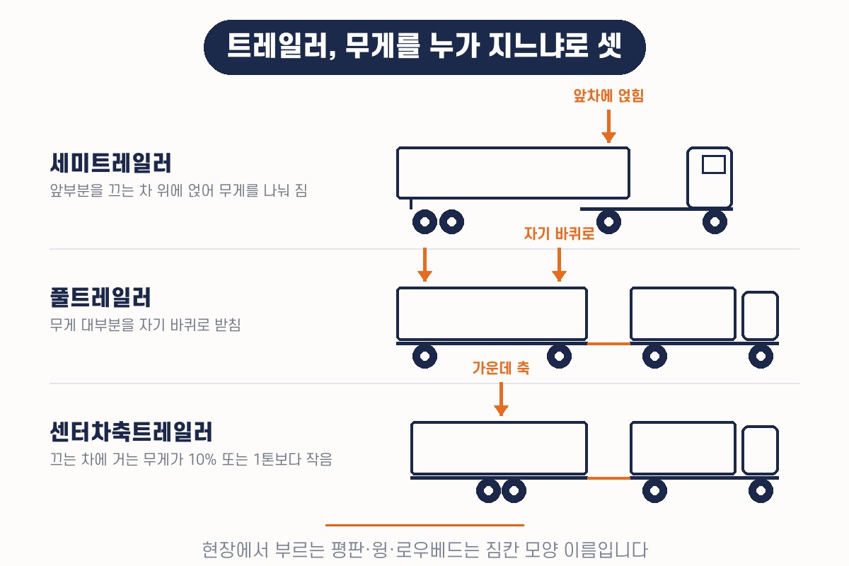 추레라 트레일러 종류 — 세미트레일러·풀트레일러·센터차축트레일러, 무게를 누가 지느냐로 나뉨