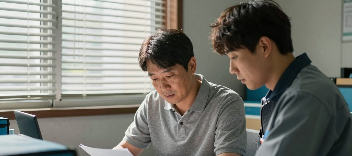 캠프 사무실에서 계약 서류를 함께 확인하는 기사와 담당자